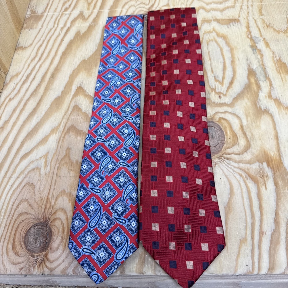 Lot 2 Silk Neckties Red Blue Geometric Pattern‎ Business Office Classic Menswear